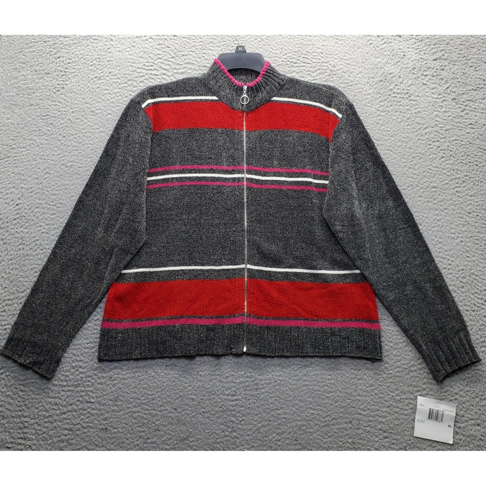 Erika Cardigan Sweater Women XL Multi Striped Knit Mock Neck Fitted Hem Full Zip